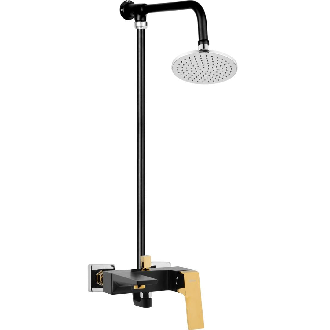 Matt-Black Gold MEDUSA circle Complete-Set 8-Pcs includes Bath Mixer(4th-rod, T-arm+ jet Shower)1Pcs,  Basin Mixer:1Pcs,  T-Cocks:3Pcs,Double Bib-Cock:1Pcs,Muslim Shower with Chain:1.20mtr 1PcsBasin waste:1Pcs