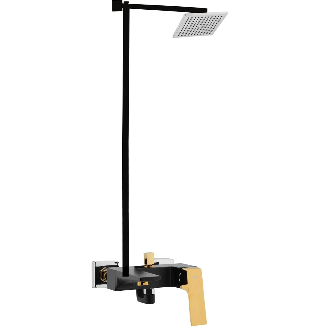 Matt-Black Gold MEDUSA Square Complete-Set 8-Pcs includes Bath Mixer(4th-rod, T-arm+ jet Shower)1Pcs,  Basin Mixer:1Pcs,  T-Cocks:3Pcs,Double Bib-Cock:1Pcs,Muslim Shower with Chain:1.20mtr 1PcsBasin waste:1Pcs