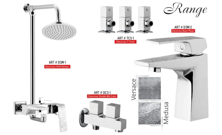MEDUSA Circle Complete-Set 8-Pcs includes Bath Mixer(4th-rod, T-arm+ jet Shower)1Pcs,  Basin Mixer:1Pcs,  T-Cocks:3Pcs,Double Bib-Cock:1Pcs,Muslim Shower with Chain:1.20mtr 1PcsBasin waste:1Pcs