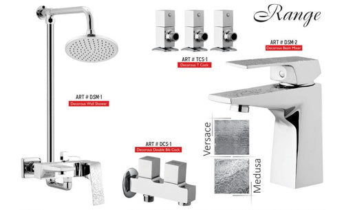 MEDUSA Circle Complete-Set 8-Pcs includes Bath Mixer(4th-rod, T-arm+ jet Shower)1Pcs,  Basin Mixer:1Pcs,  T-Cocks:3Pcs,Double Bib-Cock:1Pcs,Muslim Shower with Chain:1.20mtr 1PcsBasin waste:1Pcs