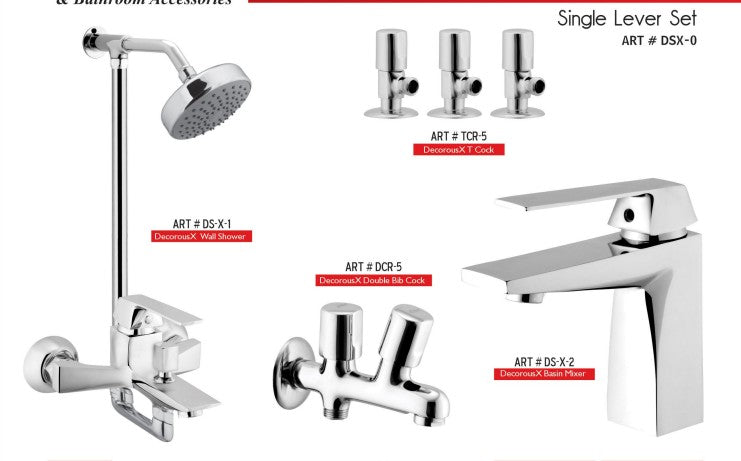 DECOROUS Complete-Set 8-Pcs includes Bath Mixer(4th-rod, T-arm+ jet Shower)1Pcs,  Basin Mixer:1Pcs,  T-Cocks:3Pcs,Double Bib-Cock:1Pcs,Muslim Shower with Chain:1.20mtr 1Pc Basin waste:1Pcs(DS-0)