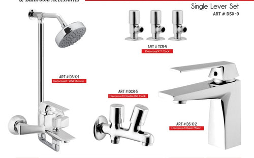 DECOROUS Complete-Set 8-Pcs includes Bath Mixer(4th-rod, T-arm+ jet Shower)1Pcs,  Basin Mixer:1Pcs,  T-Cocks:3Pcs,Double Bib-Cock:1Pcs,Muslim Shower with Chain:1.20mtr 1Pc Basin waste:1Pcs(DS-0)