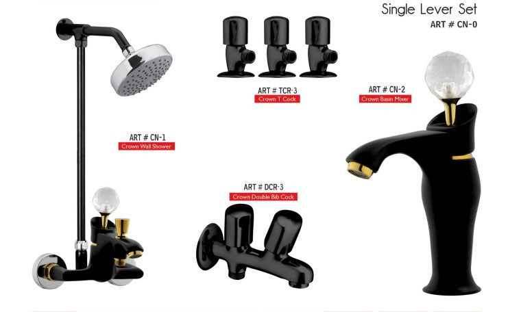 CROWN Complete-Set 8-Pcs includes bath Mixer(4th-rod, T-arm+ jet Shower)1Pcs,Basin Mixer:1Pcs, Double did-Cock:1Pcs, Muslim Shower with Chain:1.20mtr 1Pcs, T-Cocks:3Pcs, Basin waste:1Pcs(DSX-01)(CN-0)