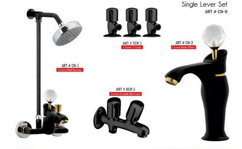 CROWN Complete-Set 8-Pcs includes bath Mixer(4th-rod, T-arm+ jet Shower)1Pcs,Basin Mixer:1Pcs, Double did-Cock:1Pcs, Muslim Shower with Chain:1.20mtr 1Pcs, T-Cocks:3Pcs, Basin waste:1Pcs(DSX-01)(CN-0)