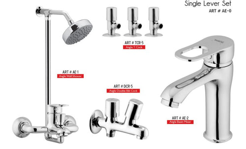 ANGLE  Complete-Set 8-Pcs includes bath Mixer(4th-rod, T-arm+ jet Shower)1Pcs,Basin Mixer:1Pcs, Double did-Cock:1Pcs, Muslim Shower with Chain:1.20mtr 1Pcs, T-Cocks:3Pcs, Basin waste:1Pcs(AE-0)
