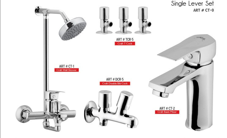 CRAFT Complete-Set 8-Pcs includes  bath Mixer(4th-rod, T-arm+ jet Shower)1Pcs, Basin Mixer:1Pcs,  Double did-Cock:1Pcs,  ANGLE Muslim Shower with Chain:1.20mtr 1Pcs , T-Cocks:3Pcs,  Basin waste:1Pcs(CT-0)