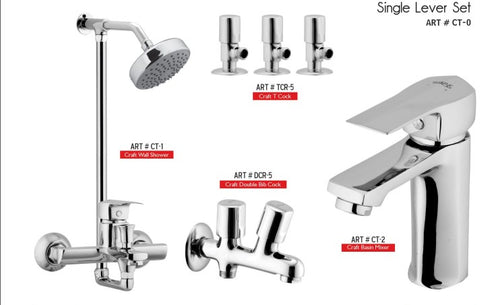 CRAFT Complete-Set 8-Pcs includes  bath Mixer(4th-rod, T-arm+ jet Shower)1Pcs, Basin Mixer:1Pcs,  Double did-Cock:1Pcs,  ANGLE Muslim Shower with Chain:1.20mtr 1Pcs , T-Cocks:3Pcs,  Basin waste:1Pcs(CT-0)