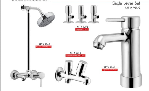 AQUANA Complete-Set 8-Pcs includes  bath Mixer(4th-rod, T-arm+ jet Shower)1Pcs, Basin Mixer:1Pcs,  Double BIb-Cock:1Pcs,   Muslim Shower with Chain:1.20mtr 1Pcs , T-Cocks:3Pcs,  Basin waste:1Pcs(AQA-0)
