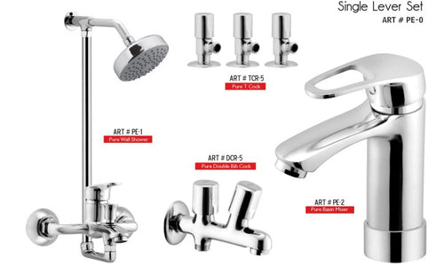 PURE Complete-Set 8-Pcs includes  bath Mixer(4th-rod, T-arm+ jet Shower)1Pcs, Basin Mixer:1Pcs,  Double Bib-Cock:1Pcs,   Muslim Shower with Chain:1.20mtr 1Pcs , T-Cocks:3Pcs,  Basin waste:1Pcs(PE-0)