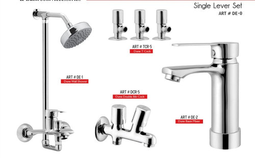 DUNE Complete-Set 8-Pcs includes  bath Mixer(4th-rod, T-arm+ jet Shower)1Pcs, Basin Mixer:1Pcs,  Double Bib-Cock:1Pcs,   Muslim Shower with Chain:1.20mtr 1Pcs , T-Cocks:3Pcs,  Basin waste:1Pcs(DE-0)