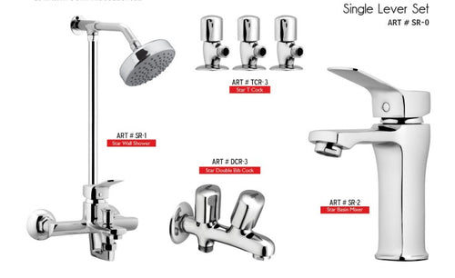 STAR Complete-Set 8-Pcs includes  bath Mixer(4th-rod, T-arm+ jet Shower)1Pcs, Basin Mixer:1Pcs,  Double Bib-Cock:1Pcs,   Muslim Shower with Chain:1.20mtr 1Pcs , T-Cocks:3Pcs,  Basin waste:1Pcs(SR-0)