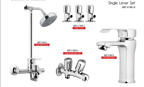 KING Complete-Set 8-Pcs includes  bath Mixer(4th-rod, T-arm+ jet Shower)1Pcs, Basin Mixer:1Pcs,  Double Bib-Cock:1Pcs,   Muslim Shower with Chain:1.20mtr 1Pcs , T-Cocks:3Pcs,  Basin waste:1Pcs(KG-0)
