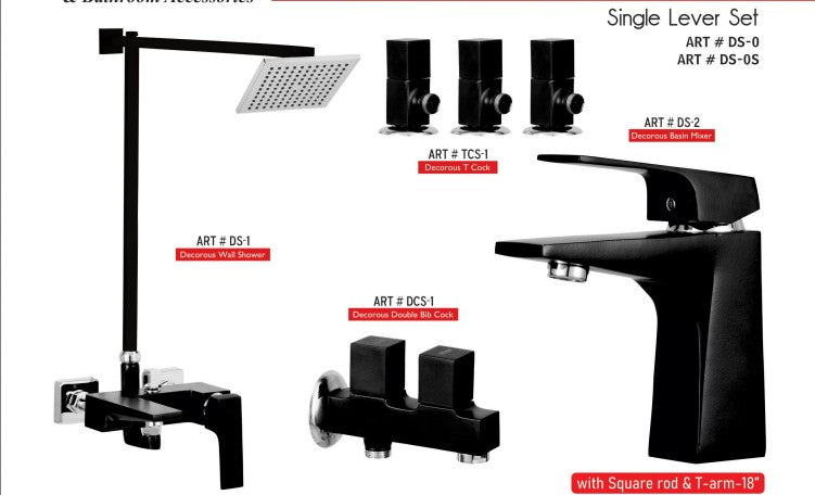 DECOROUS Complete-Set 8-Pcs includes Bath Mixer(4th-rod, T-arm+ jet Shower)1Pcs,  Basin Mixer:1Pcs,  T-Cocks:3Pcs,Double Bib-Cock:1Pcs,Muslim Shower with Chain:1.20mtr 1Pc Basin waste:1Pcs(DS-0)