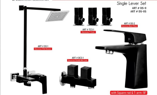 DECOROUS Complete-Set 8-Pcs includes Bath Mixer(4th-rod, T-arm+ jet Shower)1Pcs,  Basin Mixer:1Pcs,  T-Cocks:3Pcs,Double Bib-Cock:1Pcs,Muslim Shower with Chain:1.20mtr 1Pc Basin waste:1Pcs(DS-0)