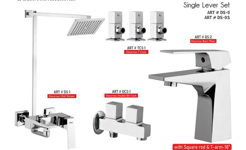 MEDUSA Square Complete-Set 8-Pcs includes Bath Mixer(4th-rod, T-arm+ jet Shower)1Pcs,  Basin Mixer:1Pcs,  T-Cocks:3Pcs,Double Bib-Cock:1Pcs,Muslim Shower with Chain:1.20mtr 1PcsBasin waste:1Pcs