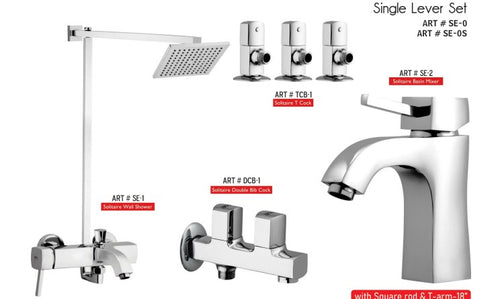 SOLITAIRE Complete-Set 8-Pcs includes Bath Mixer(4th-rod, T-arm+ jet Shower)1Pcs,  Basin Mixer:1Pcs,  T-Cocks:3Pcs,Double Bib-Cock:1Pcs,Muslim Shower with Chain:1.20mtr 1Pc Basin waste:1Pcs(SE-0)