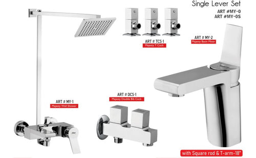 MAJESTY  Complete-Set 8-Pcs includes Bath Mixer(4th-rod, T-arm+ jet Shower)1Pcs,  Basin Mixer:1Pcs,  T-Cocks:3Pcs,Double Bib-Cock:1Pcs,Muslim Shower with Chain:1.20mtr 1Pc Basin waste:1Pcs(SE-0)
