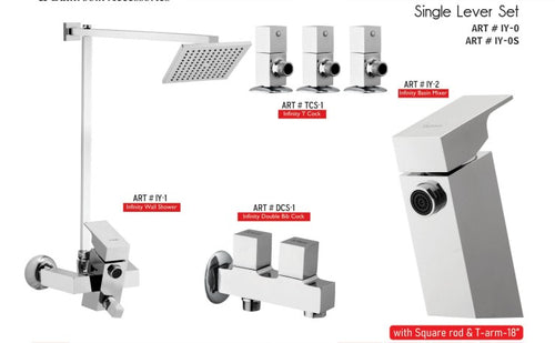 INFINITY  Complete-Set 8-Pcs includes Bath Mixer(4th-rod, T-arm+ jet Shower)1Pcs,  Basin Mixer:1Pcs,  T-Cocks:3Pcs,Double Bib-Cock:1Pcs,Muslim Shower with Chain:1.20mtr 1Pc Basin waste:1Pcs(IY-0)