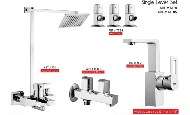 AVANT  Complete-Set 8-Pcs includes Bath Mixer(4th-rod, T-arm+ jet Shower)1Pcs,  Basin Mixer:1Pcs,  T-Cocks:3Pcs,Double Bib-Cock:1Pcs,Muslim Shower with Chain:1.20mtr 1Pc Basin waste:1Pcs(AT-0)