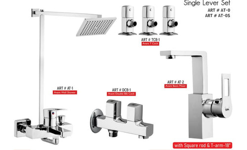 AVANT  Complete-Set 8-Pcs includes Bath Mixer(4th-rod, T-arm+ jet Shower)1Pcs,  Basin Mixer:1Pcs,  T-Cocks:3Pcs,Double Bib-Cock:1Pcs,Muslim Shower with Chain:1.20mtr 1Pc Basin waste:1Pcs(AT-0)