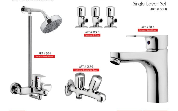 SCIROCCO Complete-Set 8-Pcs includes  bath Mixer(4th-rod, T-arm+ jet Shower)1Pcs, Basin Mixer:1Pcs,  Double Bib-Cock:1Pcs,   Muslim Shower with Chain:1.20mtr 1Pcs , T-Cocks:3Pcs,  Basin waste:1Pcs(SO-0)