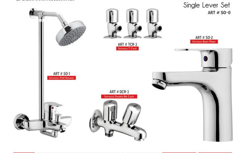 SCIROCCO Complete-Set 8-Pcs includes  bath Mixer(4th-rod, T-arm+ jet Shower)1Pcs, Basin Mixer:1Pcs,  Double Bib-Cock:1Pcs,   Muslim Shower with Chain:1.20mtr 1Pcs , T-Cocks:3Pcs,  Basin waste:1Pcs(SO-0)