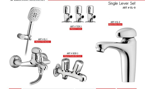 ELLIPTICAL Complete-Set 8-Pcs includes  bath Mixer(4th-rod, T-arm+ jet Shower)1Pcs, Basin Mixer:1Pcs,  Double Bib-Cock:1Pcs,   Muslim Shower with Chain:1.20mtr 1Pcs , T-Cocks:3Pcs,  Basin waste:1Pcs(EL-0)