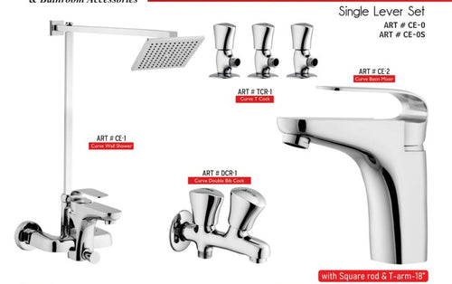 CURVE Complete-Set 8-Pcs includes Bath Mixer(4th-rod, T-arm+ jet Shower)1Pcs,  Basin Mixer:1Pcs,  T-Cocks:3Pcs,Double Bib-Cock:1Pcs,Muslim Shower with Chain:1.20mtr 1Pc Basin waste:1Pcs(CE-0)