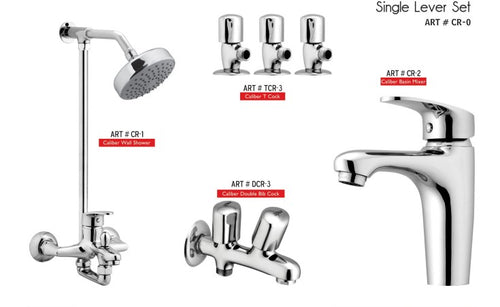CALIBER Complete-Set 8-Pcs includes  bath Mixer(4th-rod, T-arm+ jet Shower)1Pcs, Basin Mixer:1Pcs,  Double Bib-Cock:1Pcs,   Muslim Shower with Chain:1.20mtr 1Pcs , T-Cocks:3Pcs,  Basin waste:1Pcs(CR-0)