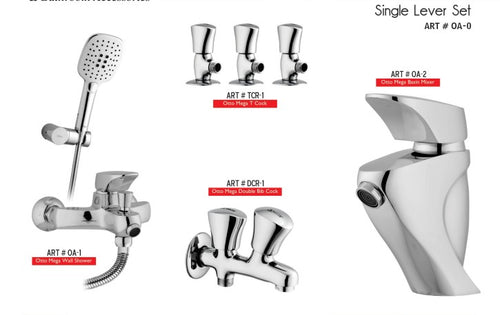 OTTO-MEGA Complete-Set 8-Pcs includes  bath Mixer(4th-rod, T-arm+ jet Shower)1Pcs, Basin Mixer:1Pcs,  Double Bib-Cock:1Pcs,   Muslim Shower with Chain:1.20mtr 1Pcs , T-Cocks:3Pcs,  Basin waste:1Pcs(OA-0)