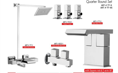 TABLET  Complete-Set 8-Pcs includes Bath Mixer(4th-rod, T-arm+ jet Shower)1Pcs,  Basin Mixer:1Pcs,  T-Cocks:3Pcs,Double Bib-Cock:1Pcs,Muslim Shower with Chain:1.20mtr 1Pc Basin waste:1Pcs(TT-0)