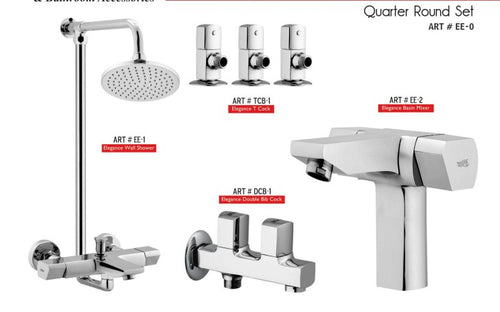 ELEGANCE Complete-Set 8-Pcs includes  bath Mixer(4th-rod, T-arm+ jet Shower)1Pcs, Basin Mixer:1Pcs,  Double Bib-Cock:1Pcs,   Muslim Shower with Chain:1.20mtr 1Pcs , T-Cocks:3Pcs,  Basin waste:1Pcs(EE-0)