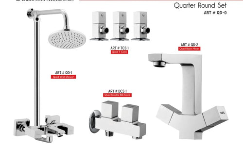 QUAD Complete-Set 8-Pcs includes  bath Mixer(4th-rod, T-arm+ jet Shower)1Pcs, Basin Mixer:1Pcs,  Double Bib-Cock:1Pcs,   Muslim Shower with Chain:1.20mtr 1Pcs , T-Cocks:3Pcs,  Basin waste:1Pcs(QD-0)