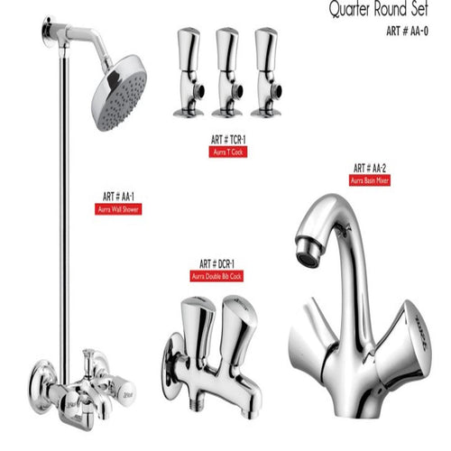 ECONO Complete-Set 8-Pcs includes Bath Mixer(4th-rod, T-arm+ jet Shower)1Pcs,Basin Mixer:1Pcs,   Double Bib-Cock:1Pcs, Muslim Shower with Chain:1.20mtr 1Pcs ,T-Cocks:3Pcs,Basin waste:1Pcs(EO-0)
