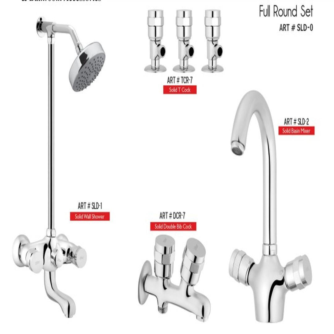 SOLID Complete-Set 8-Pcs includes  Bath Mixer(4th-rod, T-arm+ jet Shower)1Pcs, Basin Mixer:1Pcs,   Double Bib-Cock:1Pcs,   Muslim Shower with Chain:1.20mtr 1Pcs , T-Cocks:3Pcs,  Basin waste:1Pcs(SLD-0)