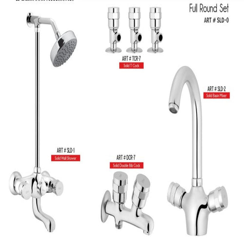 SOLID Complete-Set 8-Pcs includes  Bath Mixer(4th-rod, T-arm+ jet Shower)1Pcs, Basin Mixer:1Pcs,   Double Bib-Cock:1Pcs,   Muslim Shower with Chain:1.20mtr 1Pcs , T-Cocks:3Pcs,  Basin waste:1Pcs(SLD-0)