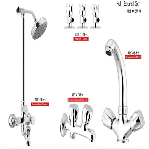 BLOSSOM Complete-Set 8-Pcs includes  Bath Mixer(4th-rod, T-arm+ jet Shower)1Pcs,  Basin Mixer:1Pcs,   Double Bib-Cock:1Pcs,Muslim Shower with Chain:1.20mtr 1Pcs ,T-Cocks:3Pcs, Basin waste:1Pcs(BM-0)
