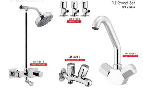 BUDGET Complete-Set 8-Pcs includes Bath Mixer(4th-rod, T-arm+ jet Shower)1Pcs,Basin Mixer:1Pcs,    Double Bib-Cock:1Pcs,Muslim Shower with Chain:1.20mtr 1Pcs T-Cocks:3Pcs,Basin waste:1Pcs(BGT-0)
