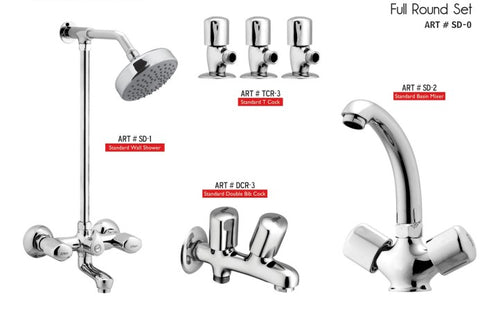 STANDARD Complete-Set 8-Pcs includes Bath Mixer(4th-rod, T-arm+ jet Shower)1Pcs,Basin Mixer:1Pcs, T-Cocks:3Pcs, Double Bib-Cock:1Pcs,Muslim Shower with Chain:1.20mtr 1Pcs Basin waste:1Pcs(SD-0)