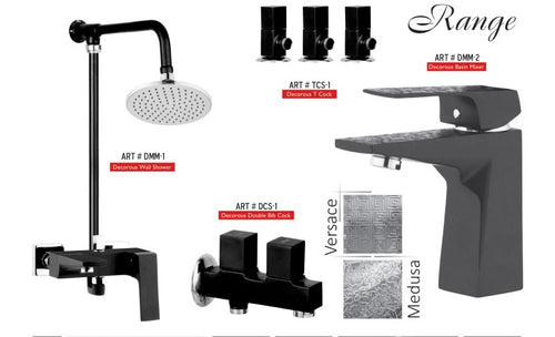 Matt-Black MEDUSA Circle Complete-Set 8-Pcs includes Bath Mixer(4th-rod, T-arm+ jet Shower)1Pcs,  Basin Mixer:1Pcs,  T-Cocks:3Pcs,Double Bib-Cock:1Pcs,Muslim Shower with Chain:1.20mtr 1PcsBasin waste:1Pcs