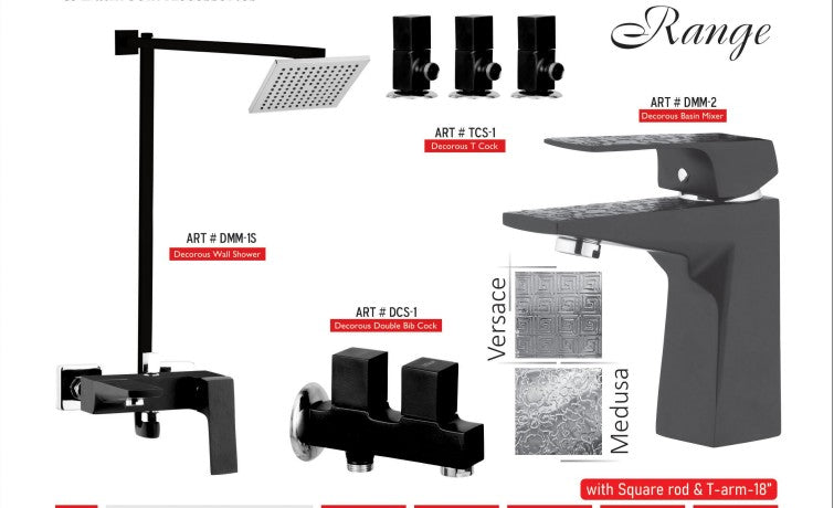 Matt-Black MEDUSA Square Complete-Set 8-Pcs includes Bath Mixer(4th-rod, T-arm+ jet Shower)1Pcs,  Basin Mixer:1Pcs,  T-Cocks:3Pcs,Double Bib-Cock:1Pcs,Muslim Shower with Chain:1.20mtr 1PcsBasin waste:1Pcs