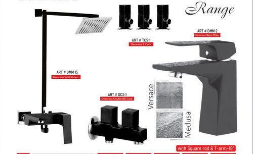Matt-Black MEDUSA Square Complete-Set 8-Pcs includes Bath Mixer(4th-rod, T-arm+ jet Shower)1Pcs,  Basin Mixer:1Pcs,  T-Cocks:3Pcs,Double Bib-Cock:1Pcs,Muslim Shower with Chain:1.20mtr 1PcsBasin waste:1Pcs