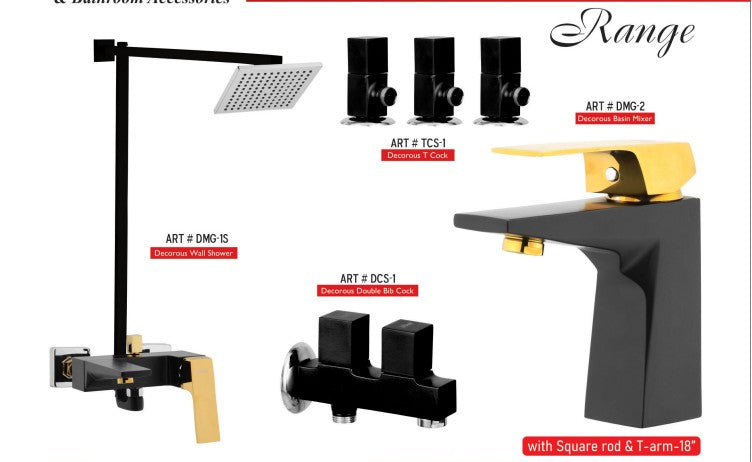 Matt-Black Gold MEDUSA Square Complete-Set 8-Pcs includes Bath Mixer(4th-rod, T-arm+ jet Shower)1Pcs,  Basin Mixer:1Pcs,  T-Cocks:3Pcs,Double Bib-Cock:1Pcs,Muslim Shower with Chain:1.20mtr 1PcsBasin waste:1Pcs