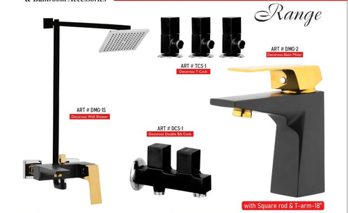 Matt-Black Gold MEDUSA Square Complete-Set 8-Pcs includes Bath Mixer(4th-rod, T-arm+ jet Shower)1Pcs,  Basin Mixer:1Pcs,  T-Cocks:3Pcs,Double Bib-Cock:1Pcs,Muslim Shower with Chain:1.20mtr 1PcsBasin waste:1Pcs