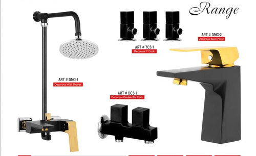 Matt-Black Gold MEDUSA circle Complete-Set 8-Pcs includes Bath Mixer(4th-rod, T-arm+ jet Shower)1Pcs,  Basin Mixer:1Pcs,  T-Cocks:3Pcs,Double Bib-Cock:1Pcs,Muslim Shower with Chain:1.20mtr 1PcsBasin waste:1Pcs