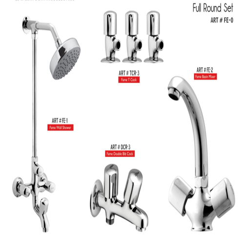 FAME Complete-Set 8-Pcs includes Bath Mixer(4th-rod, T-arm+ jet Shower)1Pcs,  Basin Mixer:1Pcs,  T-Cocks:3Pcs,Double Bib-Cock:1Pcs,Muslim Shower with Chain:1.20mtr 1Pcs Basin waste:1Pcs(FE-0)
