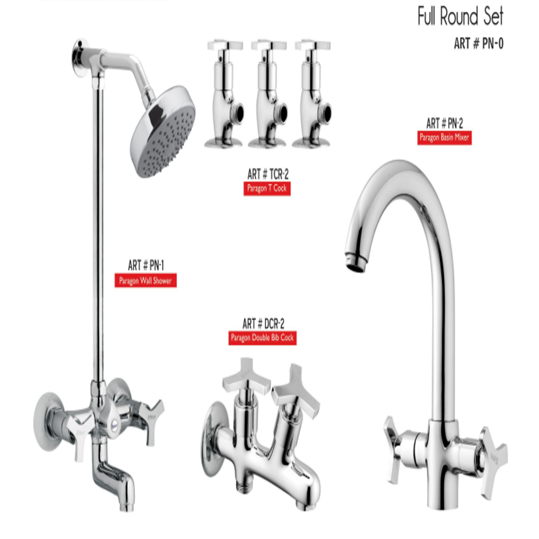 PARAGON Complete-Set 8-Pcs includes Bath Mixer(4th-rod, T-arm+ jet Shower)1Pcs,Basin Mixer:1Pcs,   Double Bib-Cock:1Pcs,Muslim Shower with Chain:1.20mtr 1Pcs ,T-Cocks:3Pcs,Basin waste:1Pcs(PN-0)