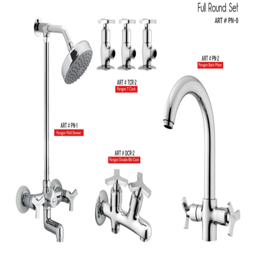 PARAGON Complete-Set 8-Pcs includes Bath Mixer(4th-rod, T-arm+ jet Shower)1Pcs,Basin Mixer:1Pcs,   Double Bib-Cock:1Pcs,Muslim Shower with Chain:1.20mtr 1Pcs ,T-Cocks:3Pcs,Basin waste:1Pcs(PN-0)